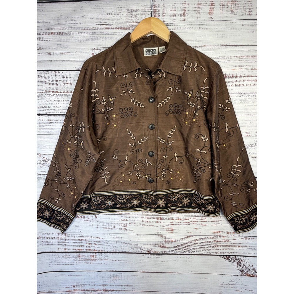 Vintage Chico's Jacket Women Size 1 Brown Silk Floral Embroidered Button Front